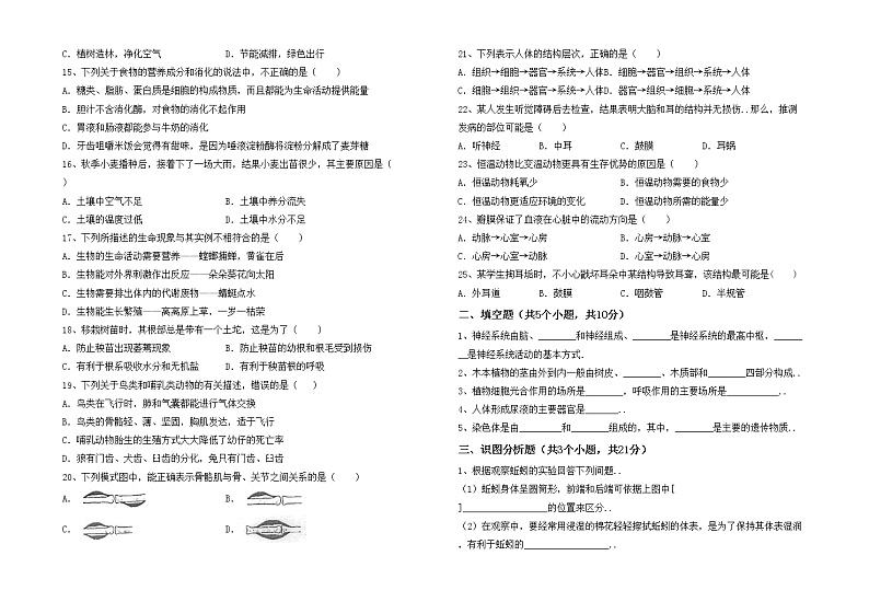 鲁教版七年级生物上册期中模拟考试及答案免费练习题第2页