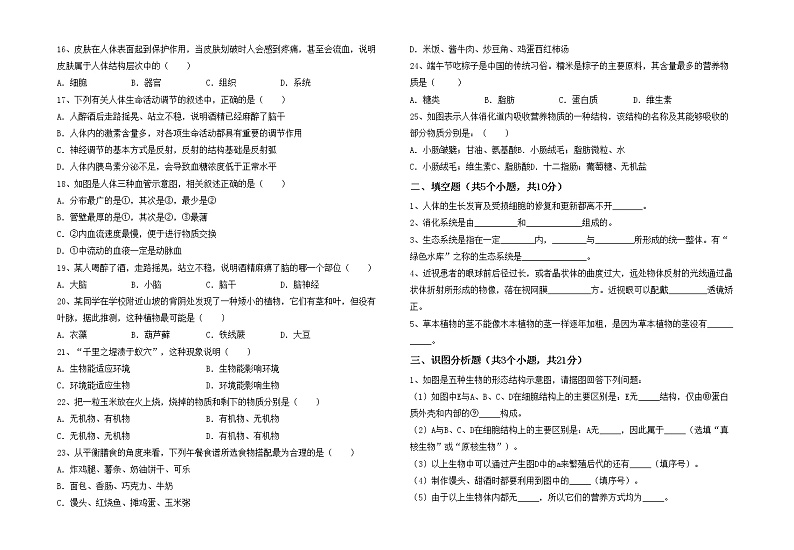 鲁教版七年级生物上册期中考试题及答案免费02