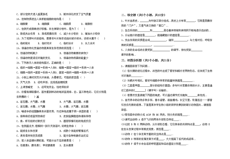 鲁教版七年级生物上册期中试卷及答案【完整】第2页