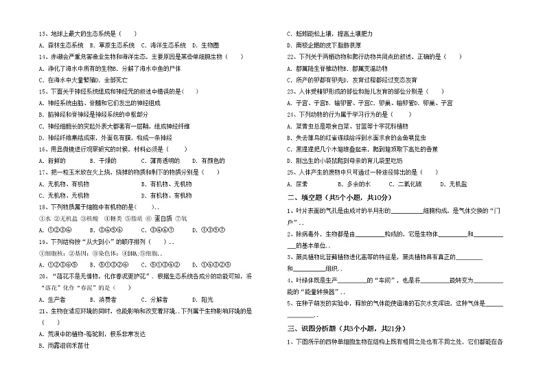 鲁教版七年级生物上册期中试卷带答案02