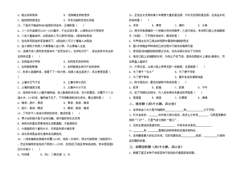 鲁教版七年级生物上册月考测试卷及答案【下载】02