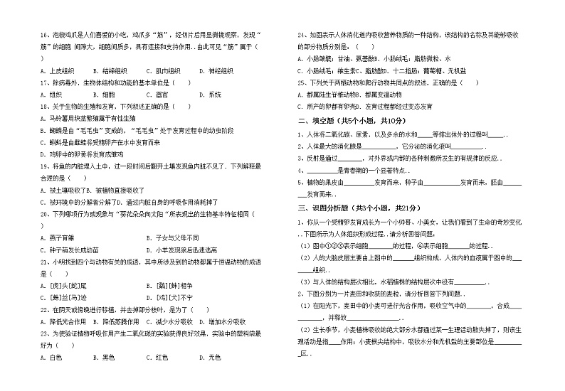 鲁教版七年级生物上册月考测试卷及答案【各版本】第2页