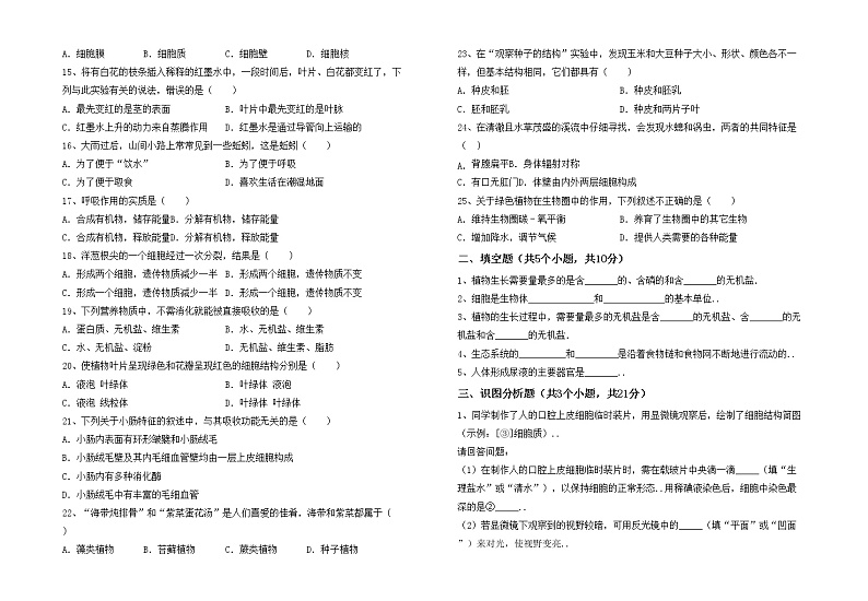 鲁教版七年级生物上册月考考试（全面）练习题02