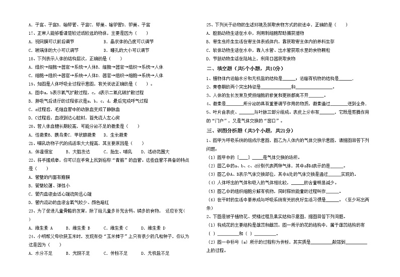 鲁教版七年级生物上册月考测试卷带答案02