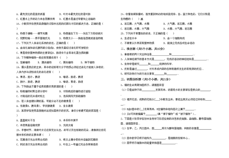 鲁教版七年级生物上册月考考试练习题第2页