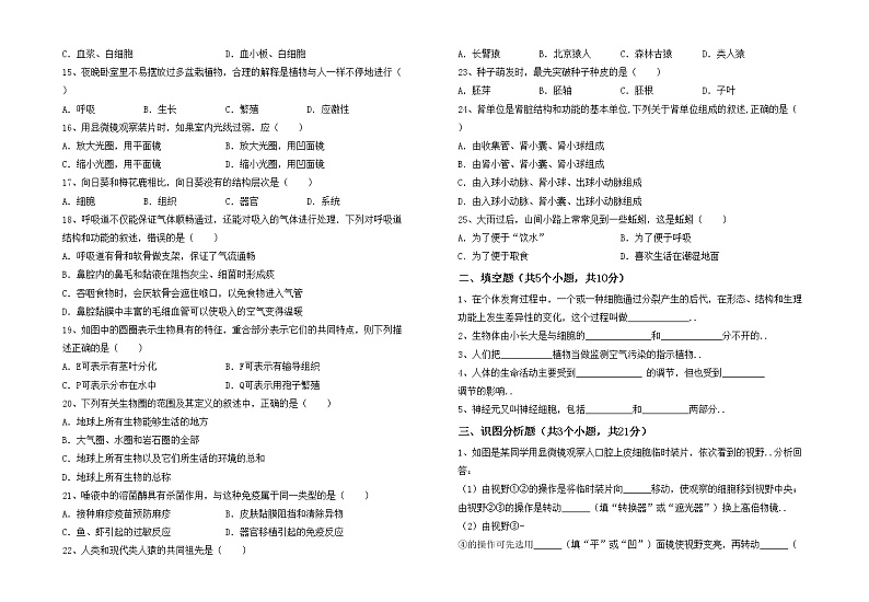 鲁教版七年级生物上册月考测试卷及答案【真题】第2页