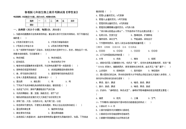 鲁教版七年级生物上册月考测试卷【带答案】01