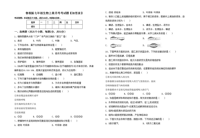 鲁教版七年级生物上册月考考试题【加答案】01