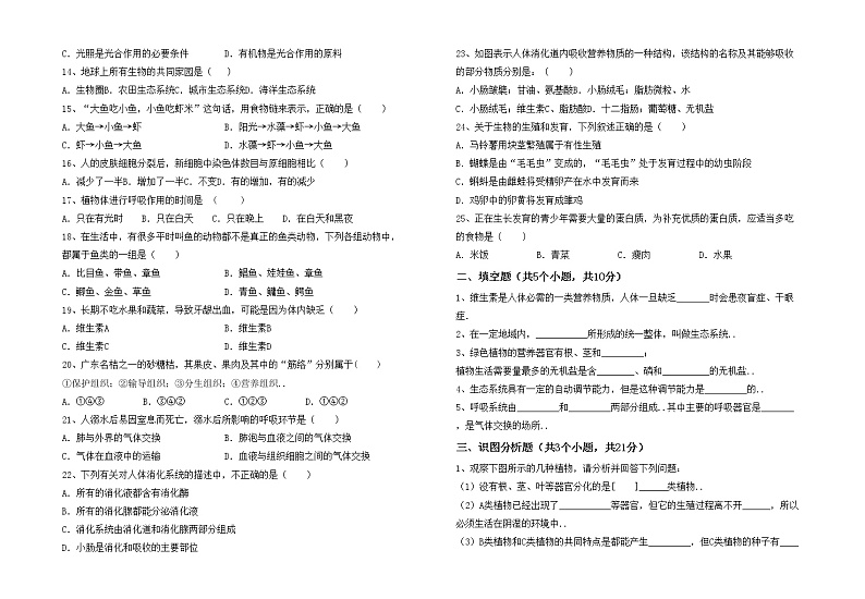 鲁教版七年级生物上册月考考试题【加答案】02