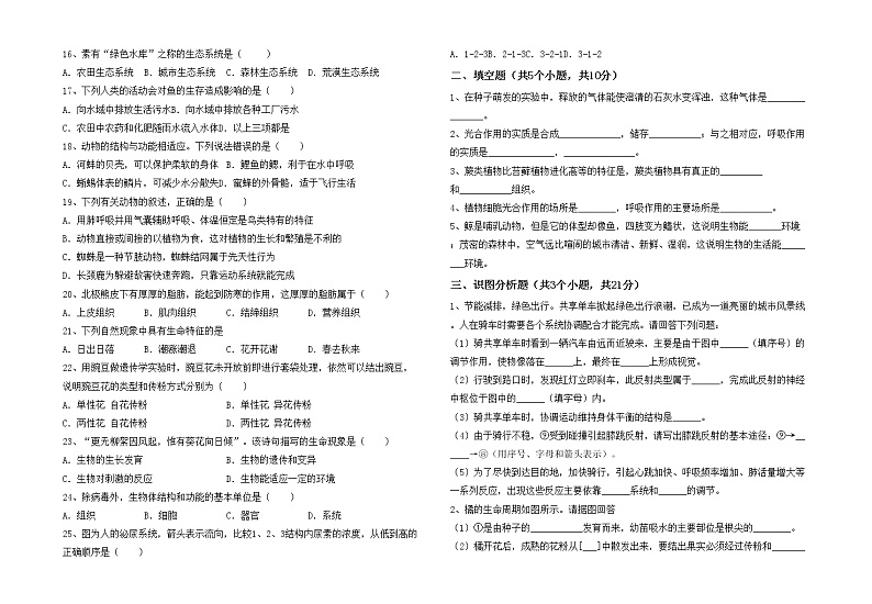 鲁教版七年级生物上册月考考试卷【带答案】02