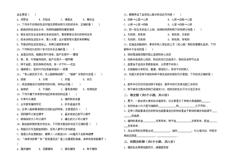 鲁教版七年级生物上册月考考试及答案【全面】练习题02