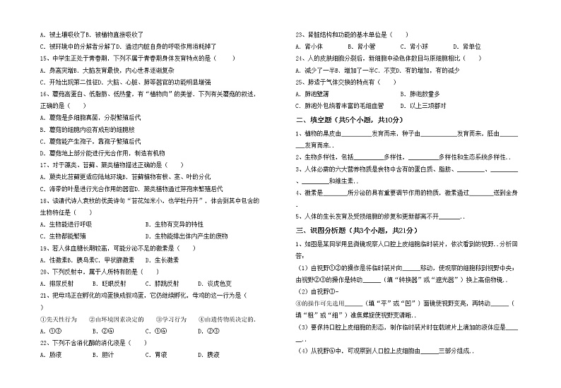 鲁教版七年级生物上册月考考试卷及答案免费第2页