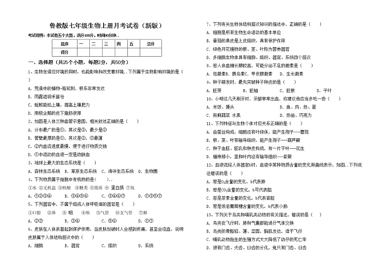 鲁教版七年级生物上册月考试卷（新版）第1页