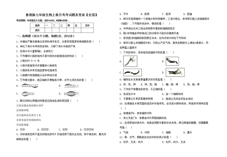 鲁教版七年级生物上册月考考试题及答案【全面】01