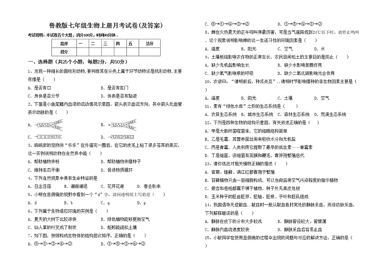 鲁教版七年级生物上册月考试卷(及答案)01