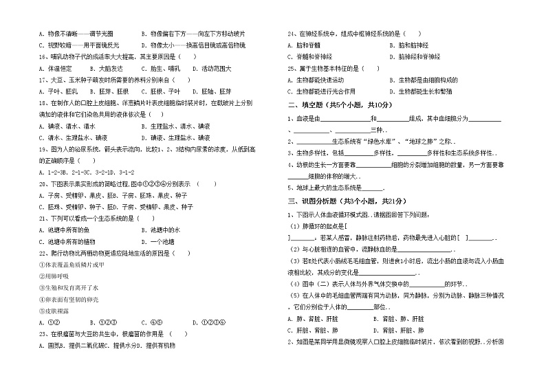 鲁教版七年级生物上册月考试卷(及答案)02