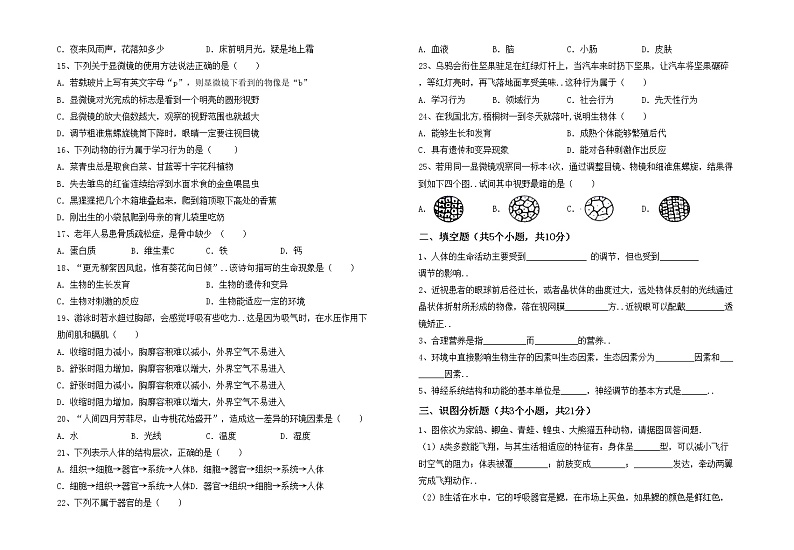 鲁教版七年级生物上册月考试卷【及答案】02