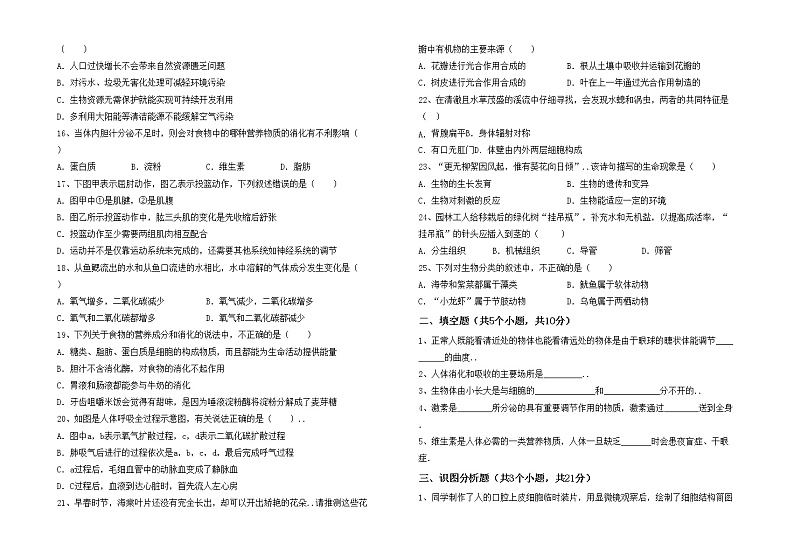 鲁教版七年级生物上册月考试卷02