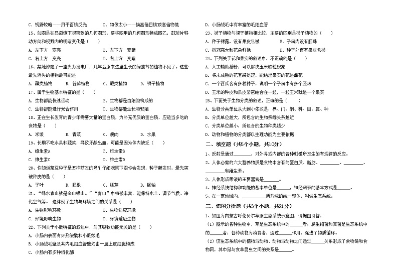 鲁教版七年级生物上册月考试卷及答案免费02