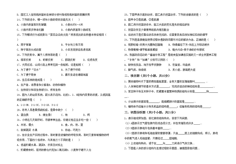 鲁教版七年级生物上册月考试卷及答案1套第2页