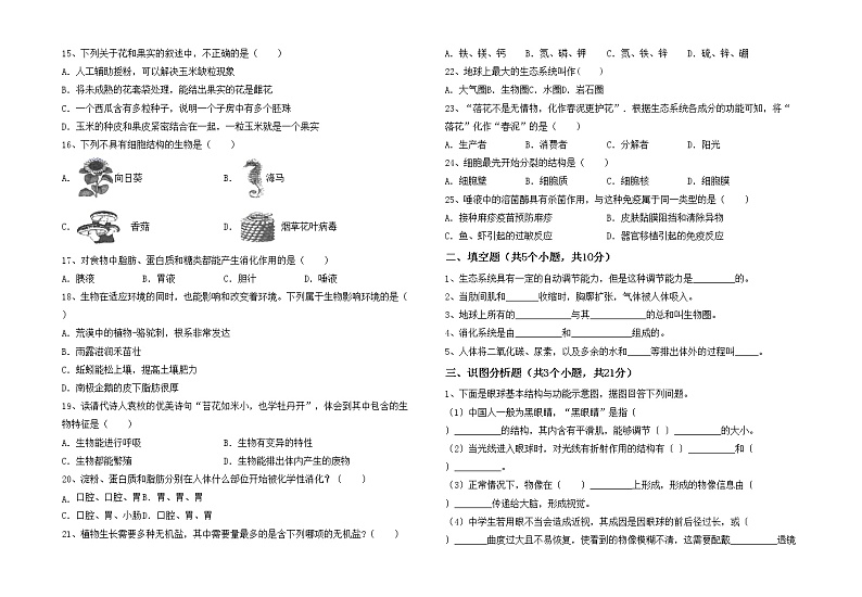 鲁教版七年级生物上册月考试卷及完整答案第2页