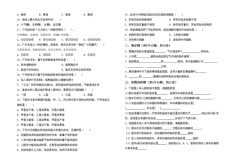 鲁教版七年级生物上册月考试卷及答案【下载】02