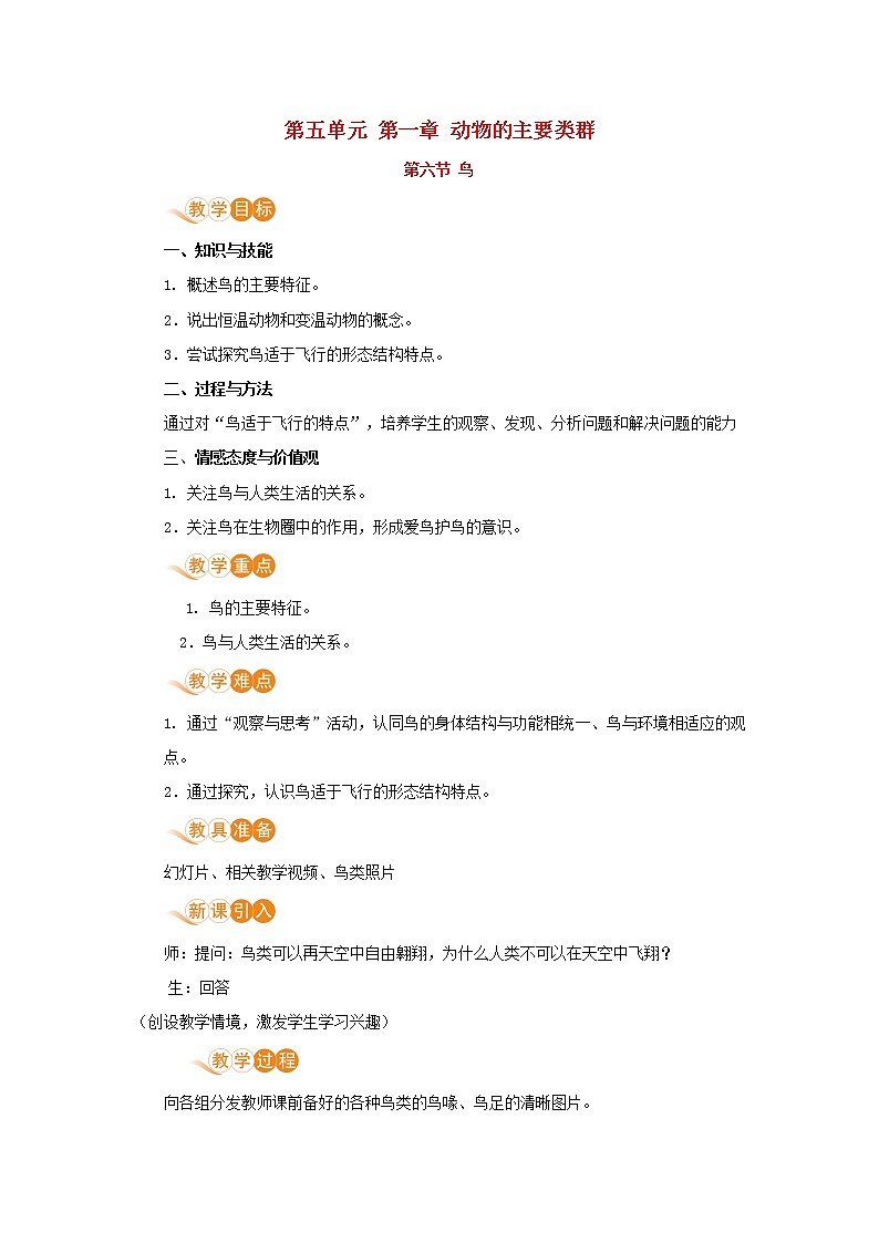 八年级生物上册第五单元生物圈中的其他生物第一章动物的主要类群第六节鸟教案新人教版01