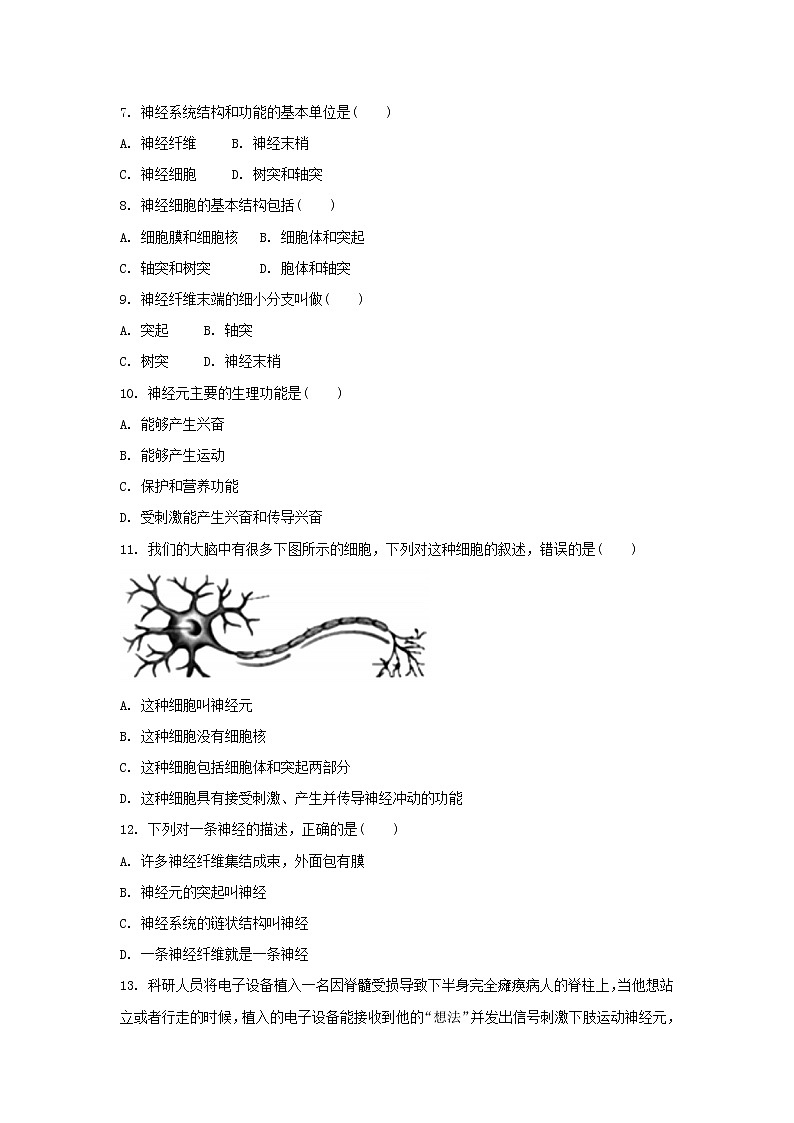 七年级生物下册4.6.2神经系统的组成习题新人教版第2页