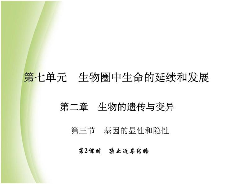 八年级生物下册第七单元生物圈中生命的延续和发展第二章生物的遗传与变异第三节基因的显性和隐性第2课时禁止近亲结婚作业课件新人教版01