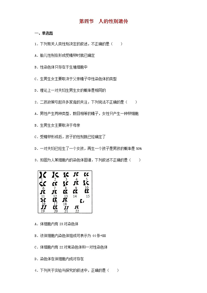 八年级生物下册7.2.4人的性别遗传习题5新人教版第1页