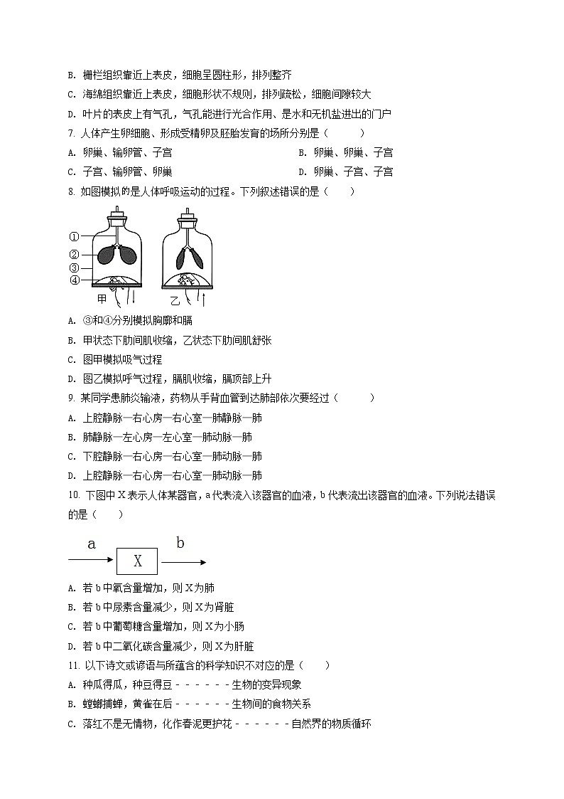 精品解析：2020年山东省烟台福山区中考诊断性测试(二模)生物试题（原卷版）第2页