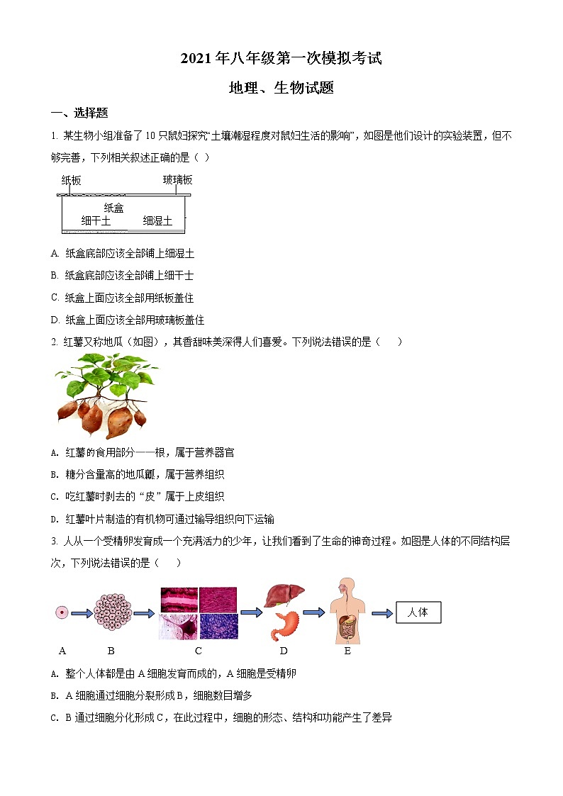 精品解析：2021年江苏省徐州市中考一模生物试题（解析版+原卷版）01