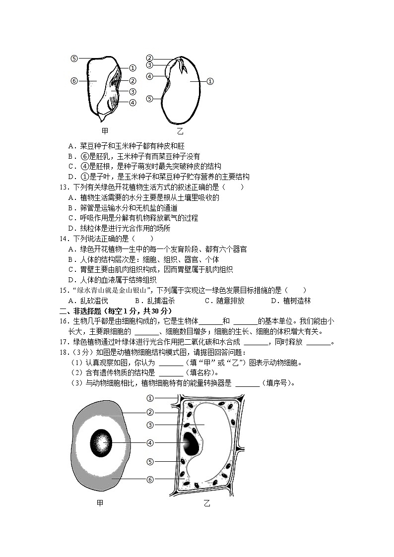 广西河池市南丹县2021-2022学年七年级上学期期末生物试卷（word版 含答案）02