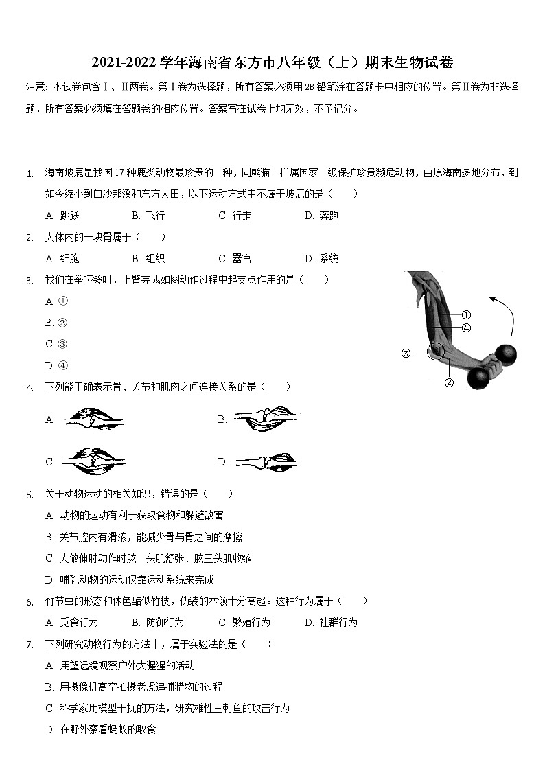 海南省东方市2021-2022学年八年级上学期期末生物试卷（word版 含答案）第1页