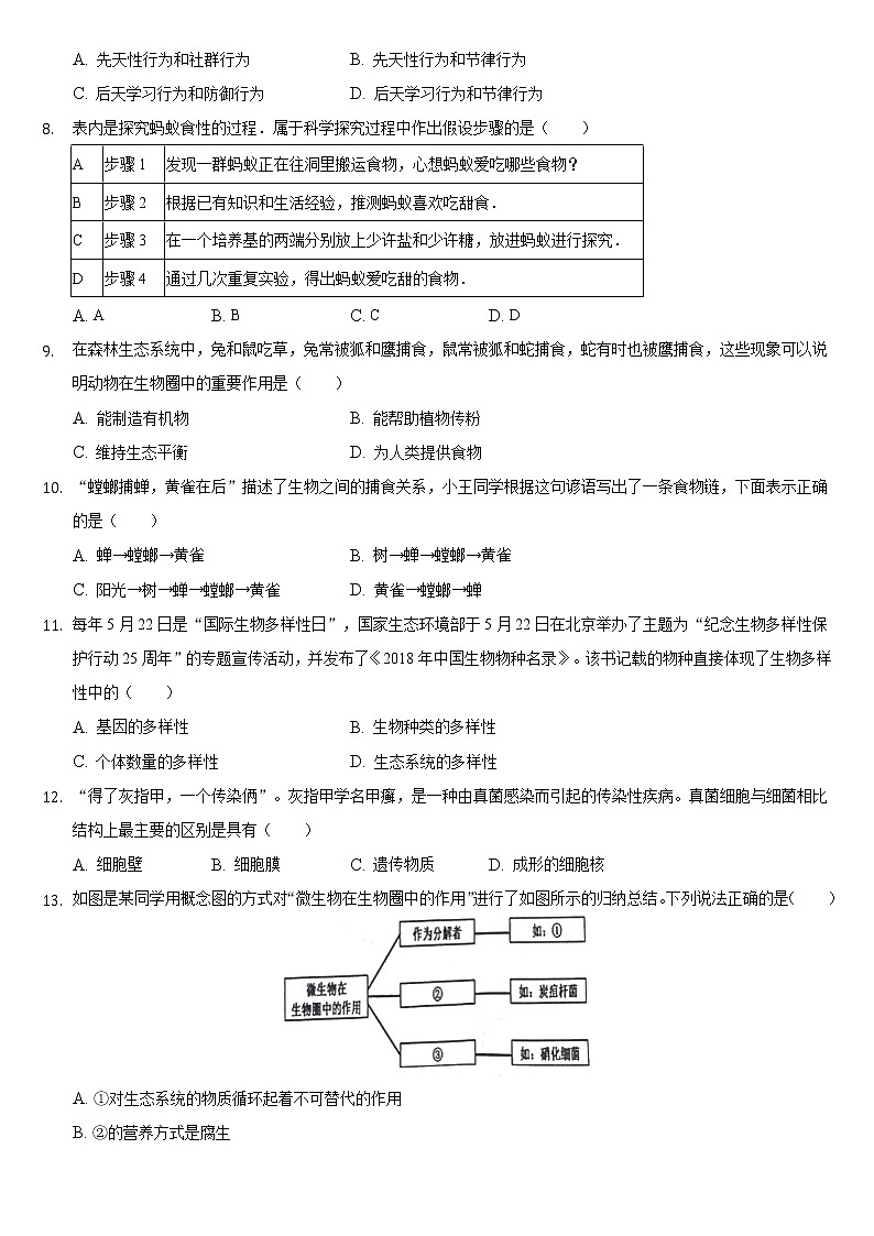 四川省成都市新都区2021-2022学年八年级上学期期末生物试卷（word版 含答案）02