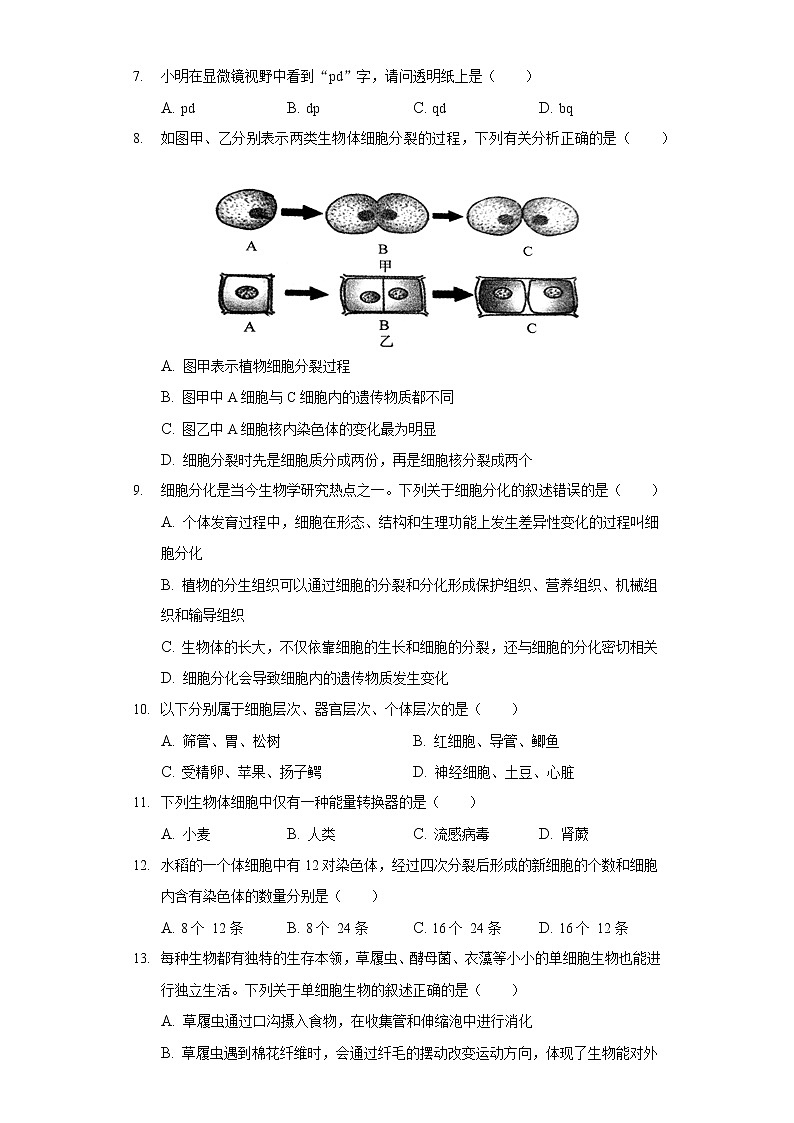 2021-2022学年安徽省芜湖市市区七年级（上）期末生物试卷第2页