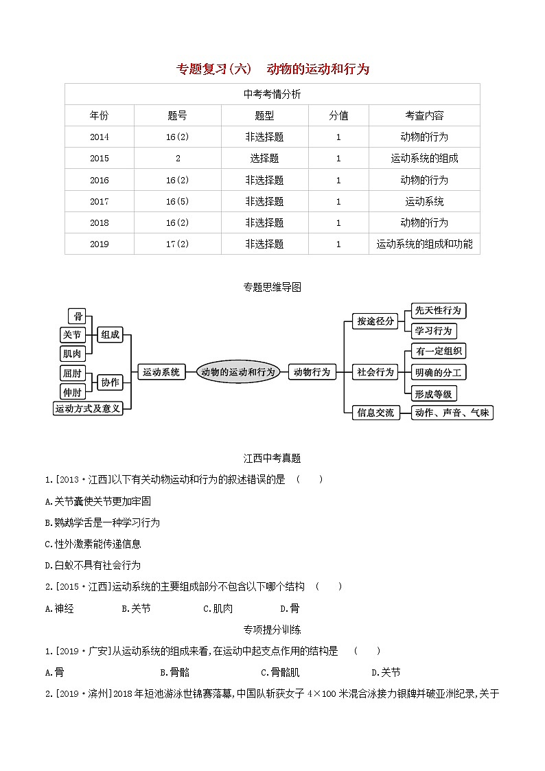 江西专版中考生物复习专题复习06动物的运动和行为试题01