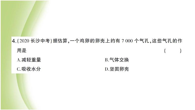 八年级生物下册第七单元生物圈中生命的延续和发展第一章生物的生殖和发育第四节鸟的生殖和发育作业课件新人教版第7页