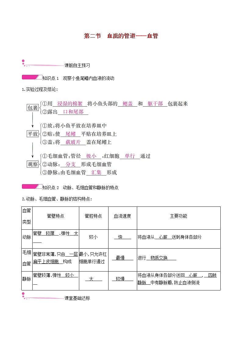 七年级生物下册4.4.2血流的管道__血管习题新人教版01