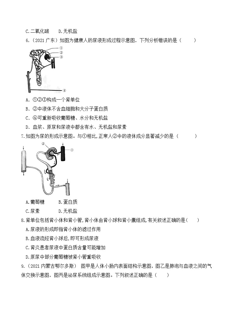 专题13 人体内废物的排出（练习）-2022年中考生物一轮复习讲练测（原卷版）第2页
