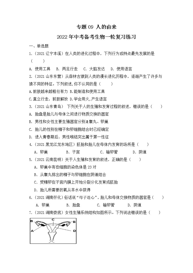 专题09 人的由来（练习）-2022年中考生物一轮复习讲练测`01
