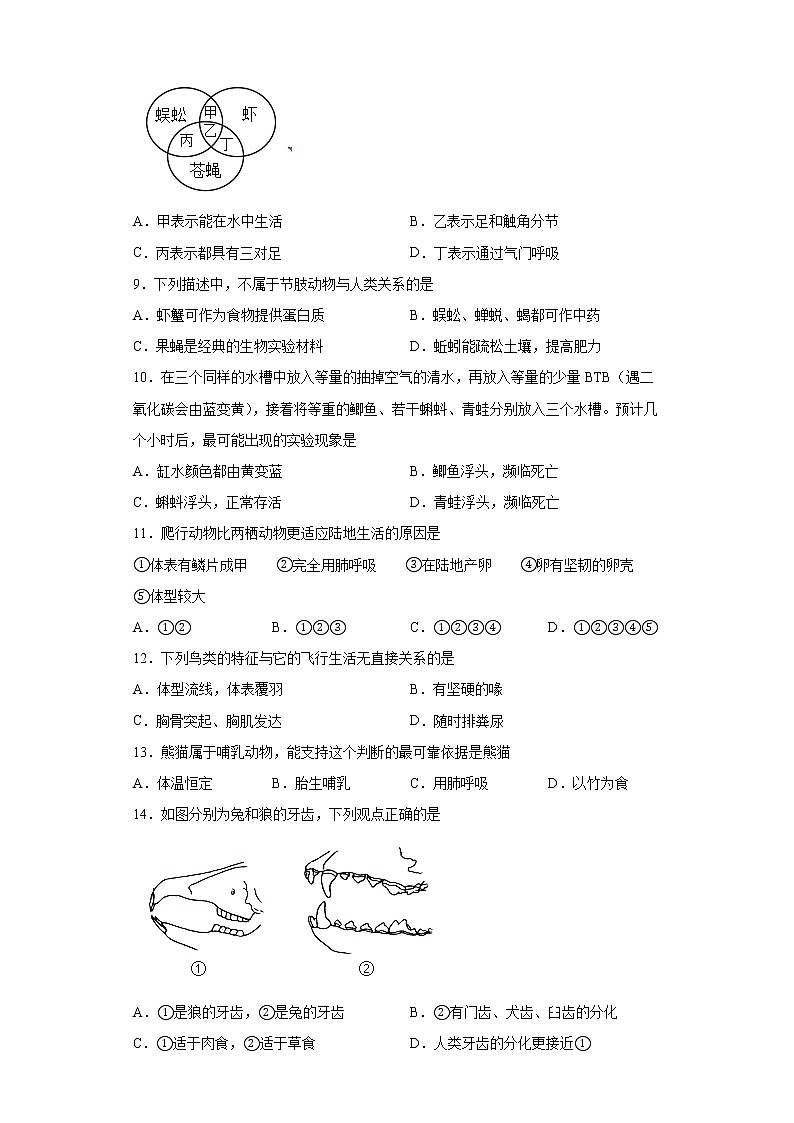 广东省中山市2021-2022学年八年级上学期期末生物试题（word版 含答案）02
