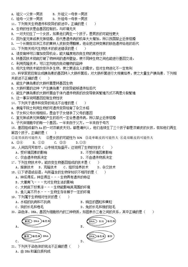 八年级生物下册第七单元生物圈中生命的延续和发展第二章生物的遗传与变异检测卷新人教版02