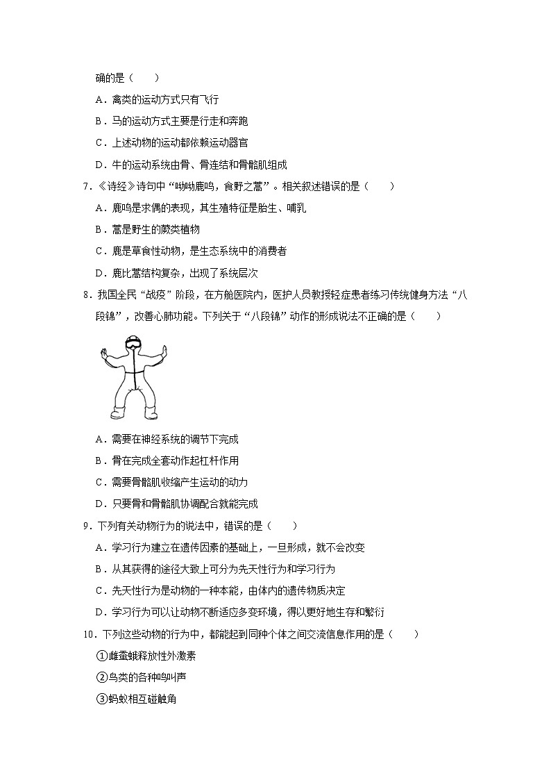 2021-2022学年湖南省岳阳市汨罗市八年级（上）期末生物试卷   解析版02