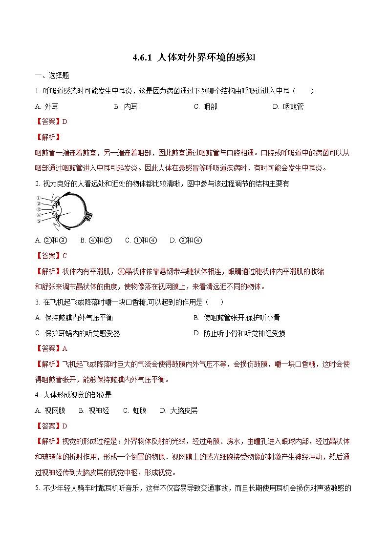 4.6.1 人体对外界环境的感知 同步练习2 初中生物人教版七年级下册（2022年）01