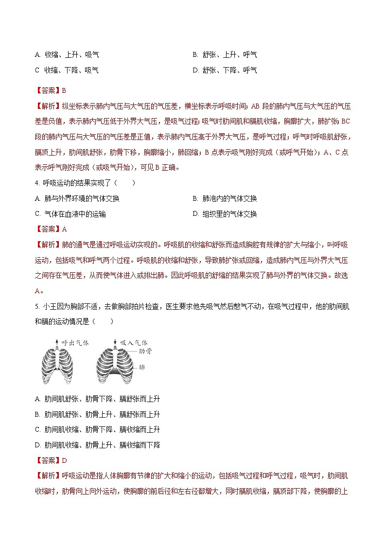 4.3.2 发生在肺内的气体交换 同步练习1 初中生物人教版七年级下册（2022年）第2页