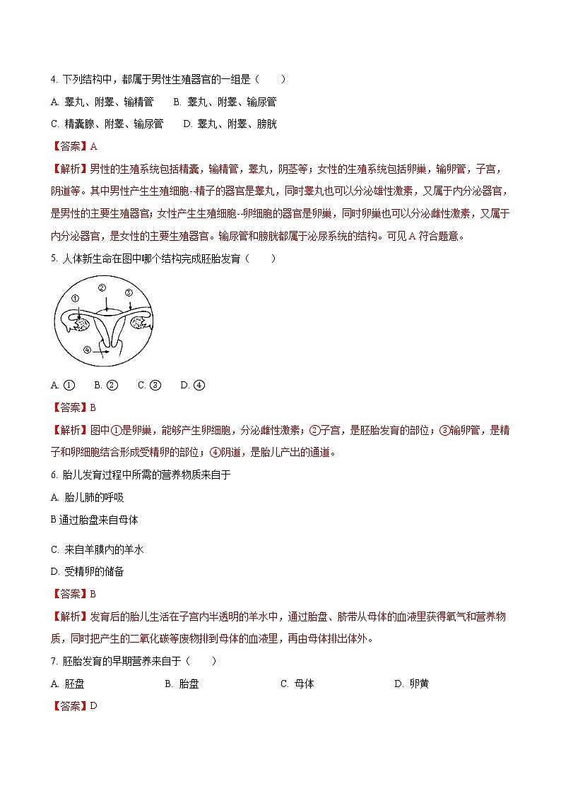 4.1.2 人的生殖 同步练习1 初中生物人教版七年级下册（2022年）02