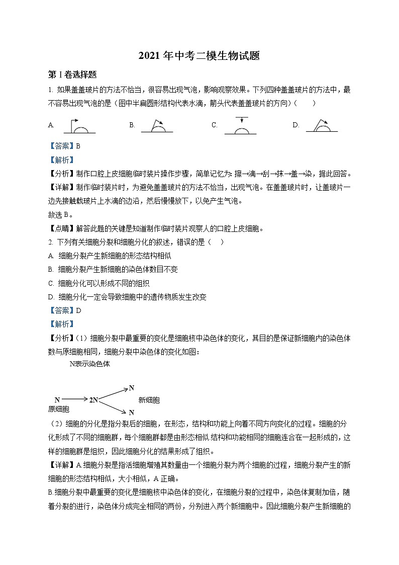 精品解析：2021年广西贺州市中考二模生物试题（解析版+原卷版）01
