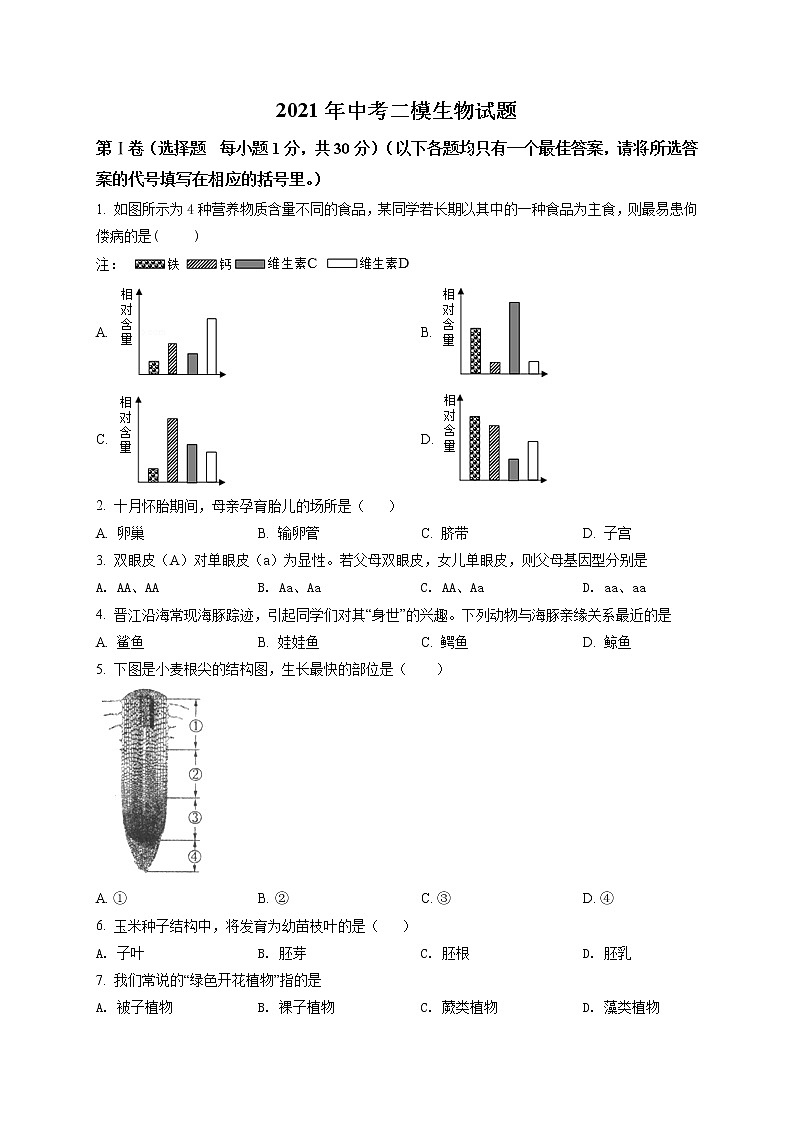 精品解析：2021年广西贺州市中考二模生物试题（解析版+原卷版）01