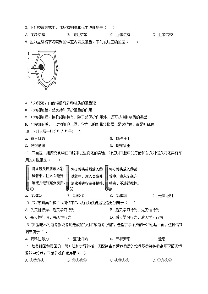 精品解析：2021年广西贺州市中考二模生物试题（解析版+原卷版）02